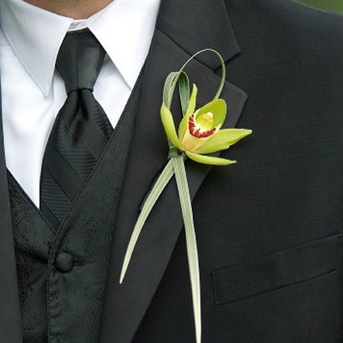 boutonniere with a green mini cymbidium orchid and variegated lily grass