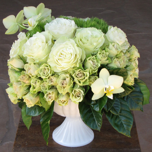 Modern wedding centerpiece with green Phalaenopsis orchids, Mondial roses, Luviana spray roses, green trick dianthus and gardenia foliage, in a milk glass compote, by Floral Verde LLC