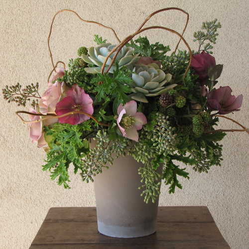 Garden style centerpiece with lavender hellebores, Amnesia roses, blackberries, Echeveria Lucita, seeded eucalyptus, scented geranium, and curly willow in a brown clay pot