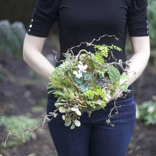 woodland bridal bouquet with contorted filbert branches, privet berries, acacia foliage, pinecones, white cyclamen, green leucadendron, Philodendron 'Silver Cloud', sea star fern, maiden hair fern, seeded eucalyptus, Graptoveria 'Silver Star', Crassula rupestris subsp. marnieriana, sponge mushrooms, lichen and moss, with a eucalyptus and river birch bark handle treatment